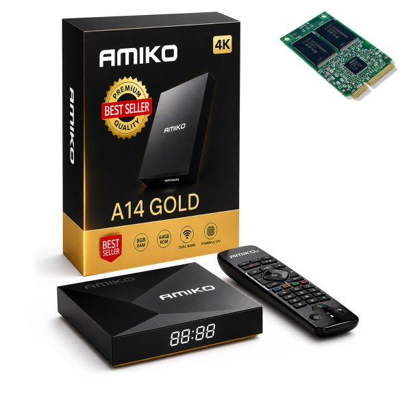 Zoom image of 🔥 Amiko A14 Gold – Best-in-Class Android 14 4K Streaming Box with WiFi 6, Widevine L1 & Built-in VPN (Best in Test)