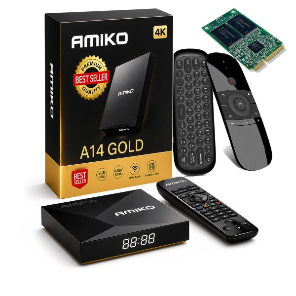 Zoom image of 🔥 Amiko A14 Gold – Best-in-Class Android 14 4K Streaming Box with WiFi 6, Widevine L1 & Built-in VPN (Best in Test)