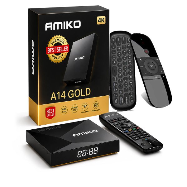 Zoom image of 🔥 Amiko A14 Gold – Best-in-Class Android 14 4K Streaming Box with WiFi 6, Widevine L1 & Built-in VPN (Best in Test)