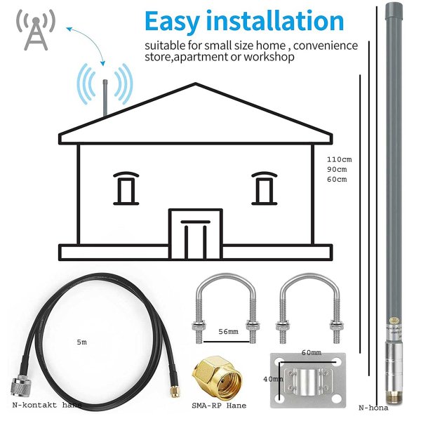 Zoom bild av 5G - 4G Lte antenn 3,5 dBi Signalplus, 60cm lång, inkl. 5m kabel.