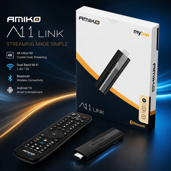 Zoom bild av Amiko A11 Link 4K Android 11 – Portabel IPTV & Streaming Stick med Bluetooth, Wi-Fi och Chromecast och VPN
