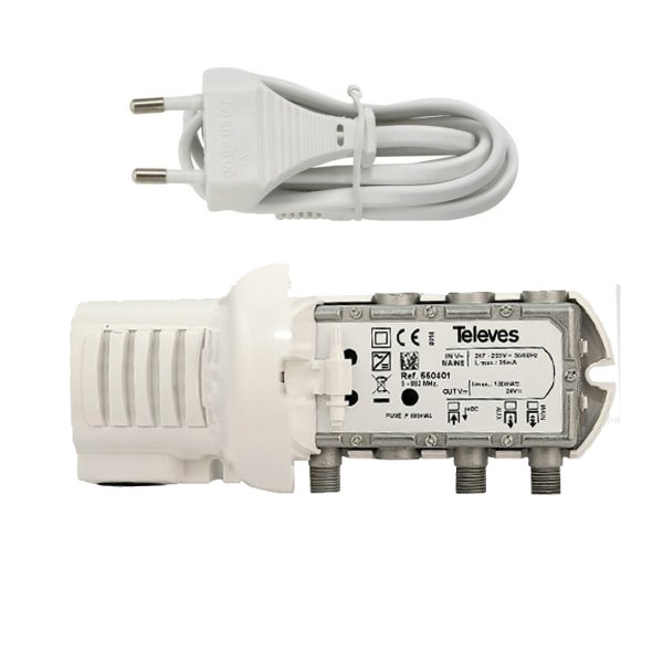 Zoom bild av Televes Nätdel 5504 till antenn mastförstärkare med F anslutning 